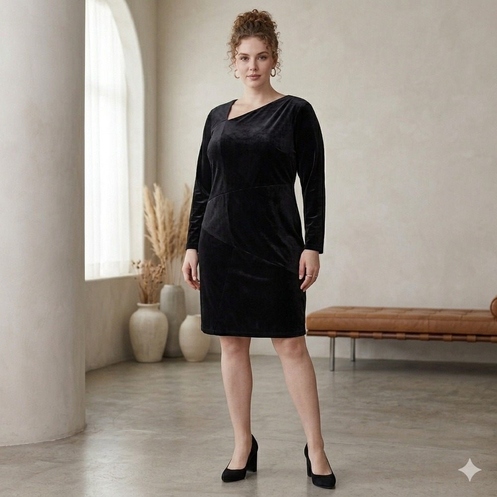 INC International Concepts Womens 3X Black Velvet Asymmetrical Neck Shift‎ Dress
